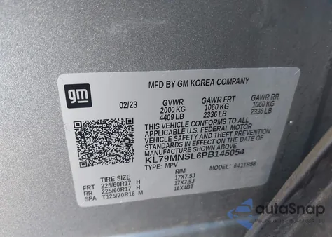 2023 Chevrolet Trailblazer Awd Ls z USA, uszkodzony, nr VIN KL79MNSL6PB145054